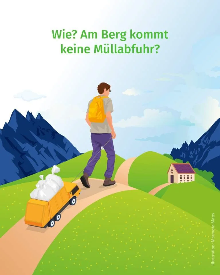 Comicbild eines Wanderers, der ein voll beladenes Müllouto an einer Schnur den Berg hinaufzieht. | © DAV/Marmota Maps