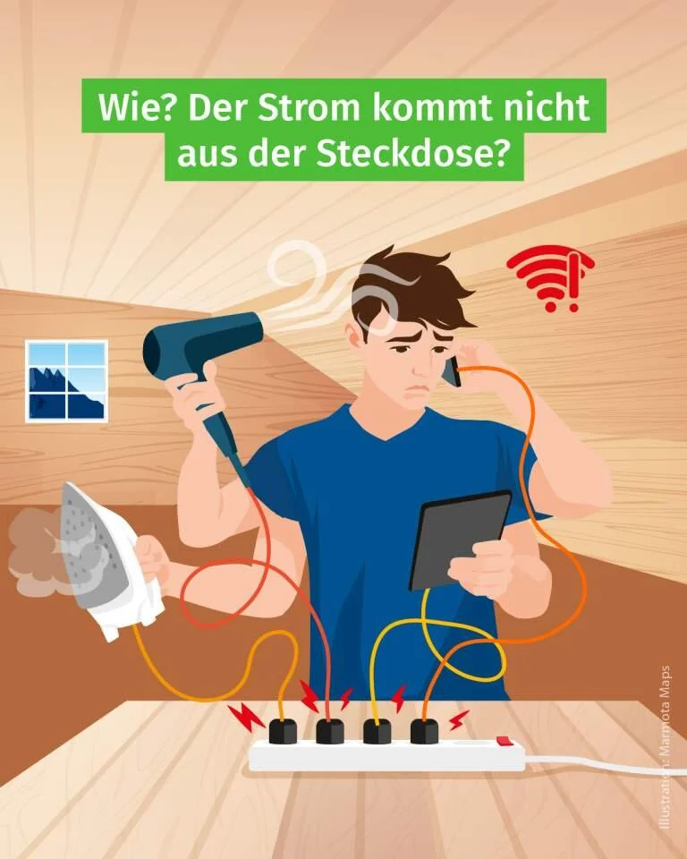 Comicbild eines Mannes, der sich auf einer Hütte zeitgleich föhnt und sein Hany lädt.  | © DAV/Marmota Maps