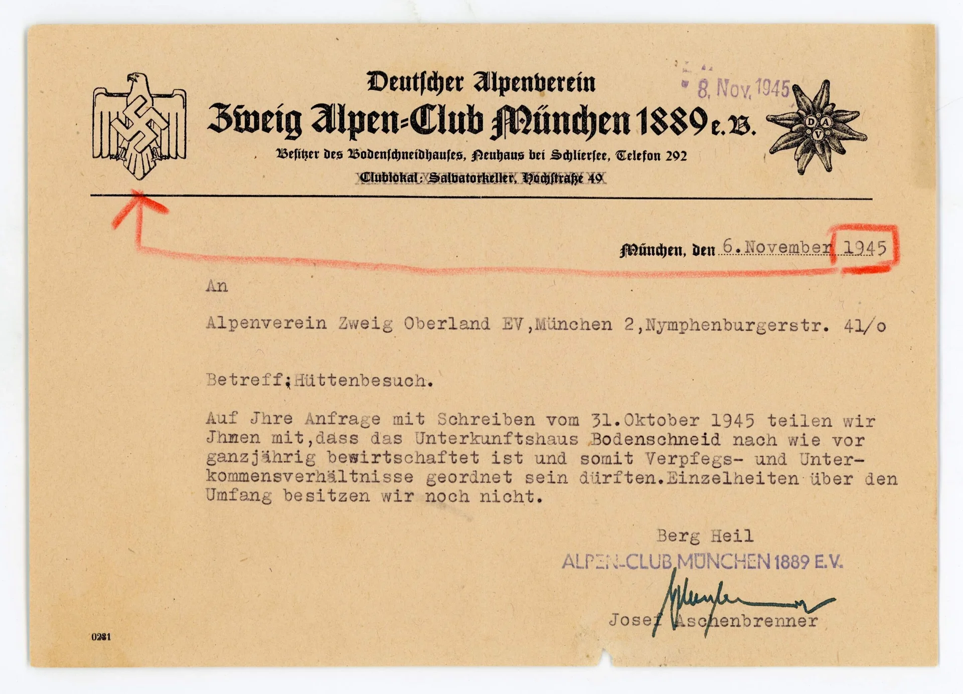 Briefkopf des Alpenvereins war ein halbes Jahr nach dem offiziellen Kriegsende noch mit Hakenkreuz versehen. | © DAV / Archiv